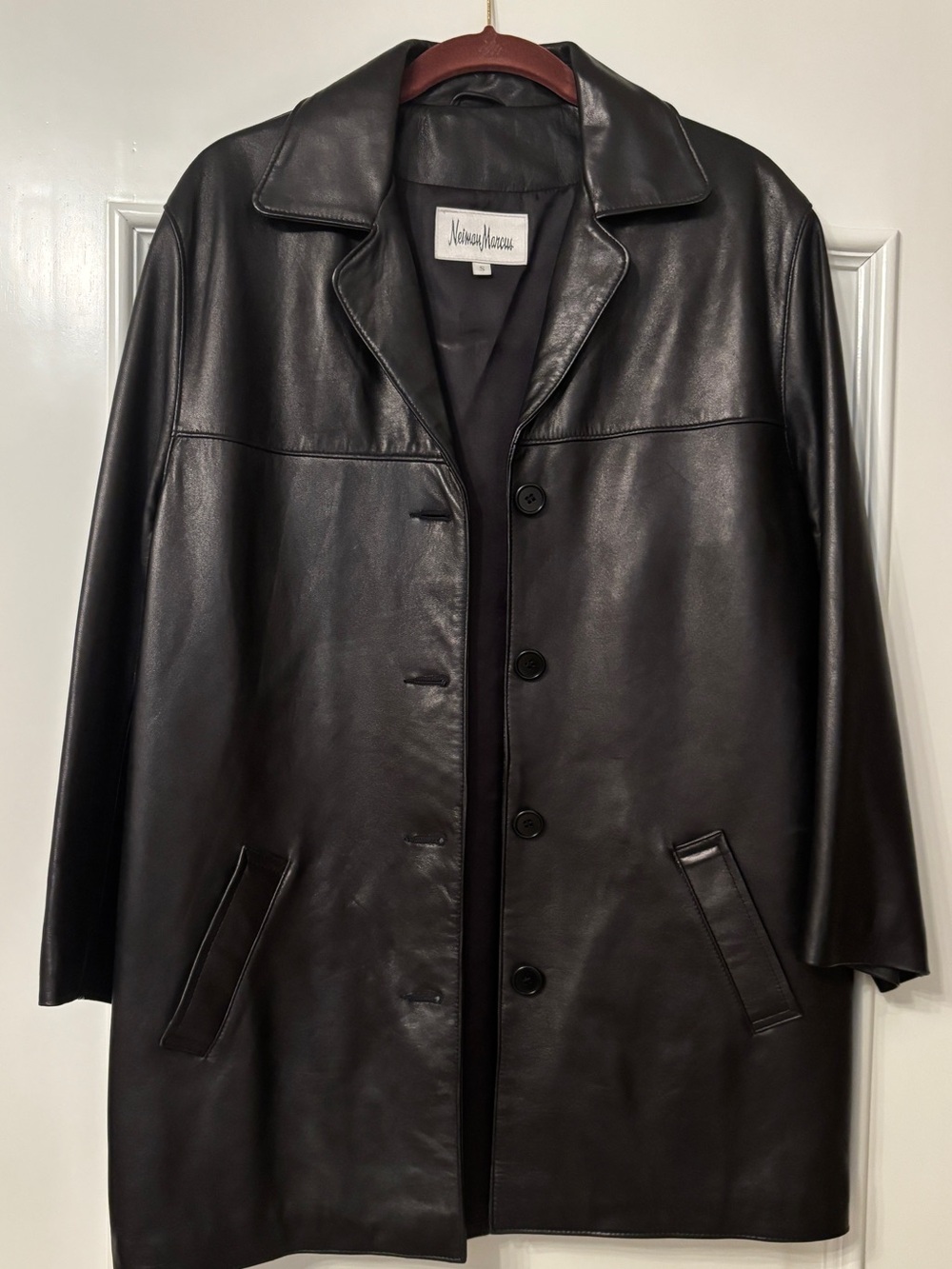 Neiman Marcus Black Leather Button-Front Coat